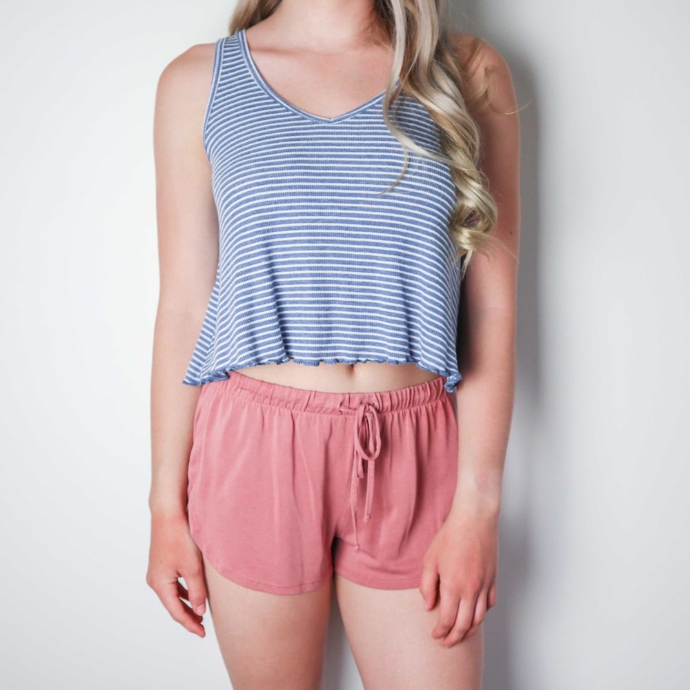 Blue and White Striped Scallop Edge Crop Tank Top